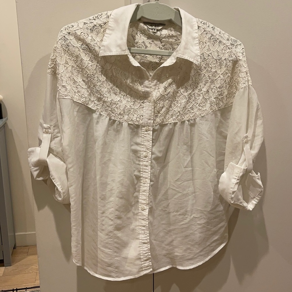 Guess Off-White Button Up Top w/ Lace Detail - M